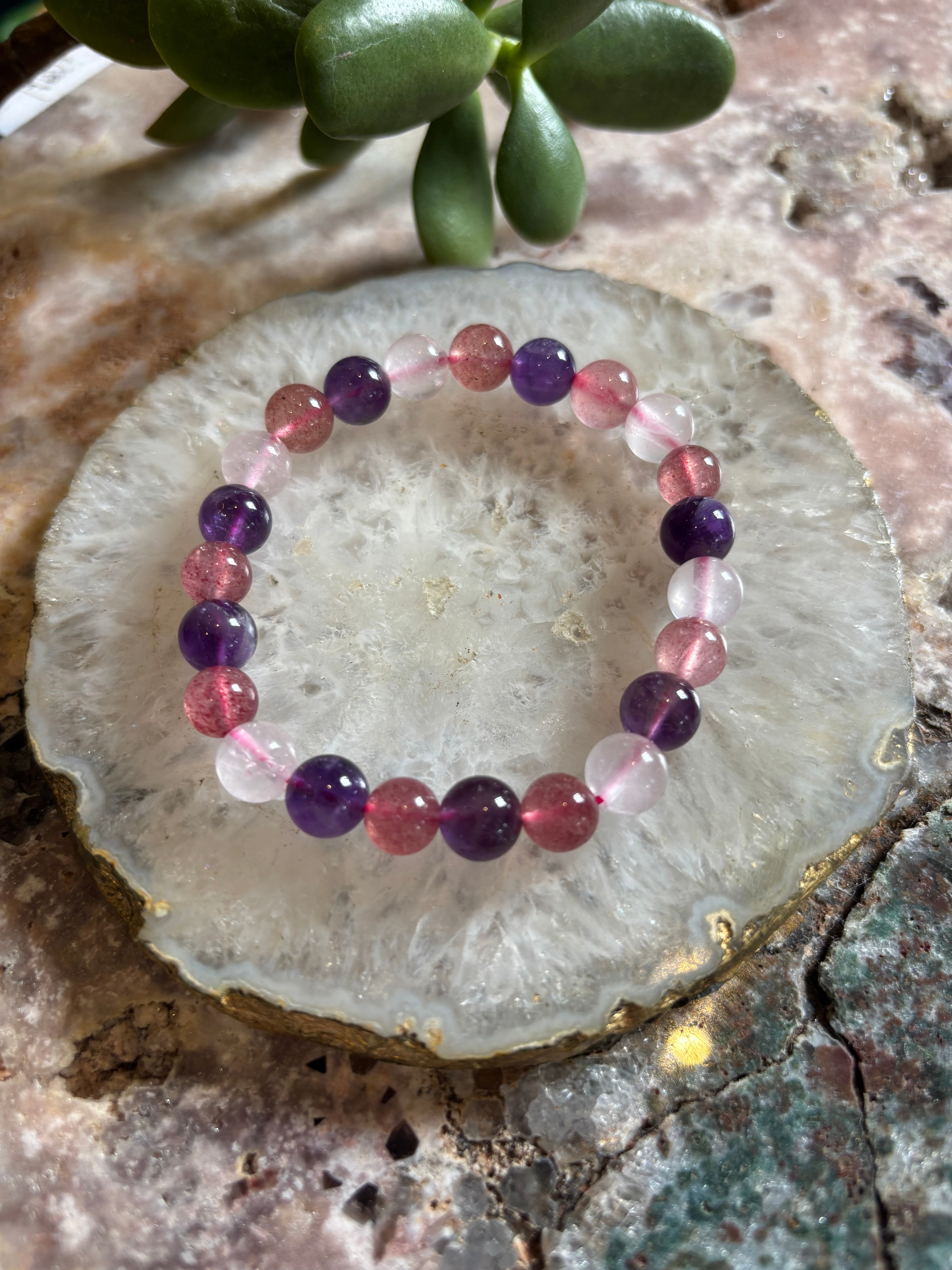 Amethyst, Rose Quartz, Strawberry Quartz Bracelet