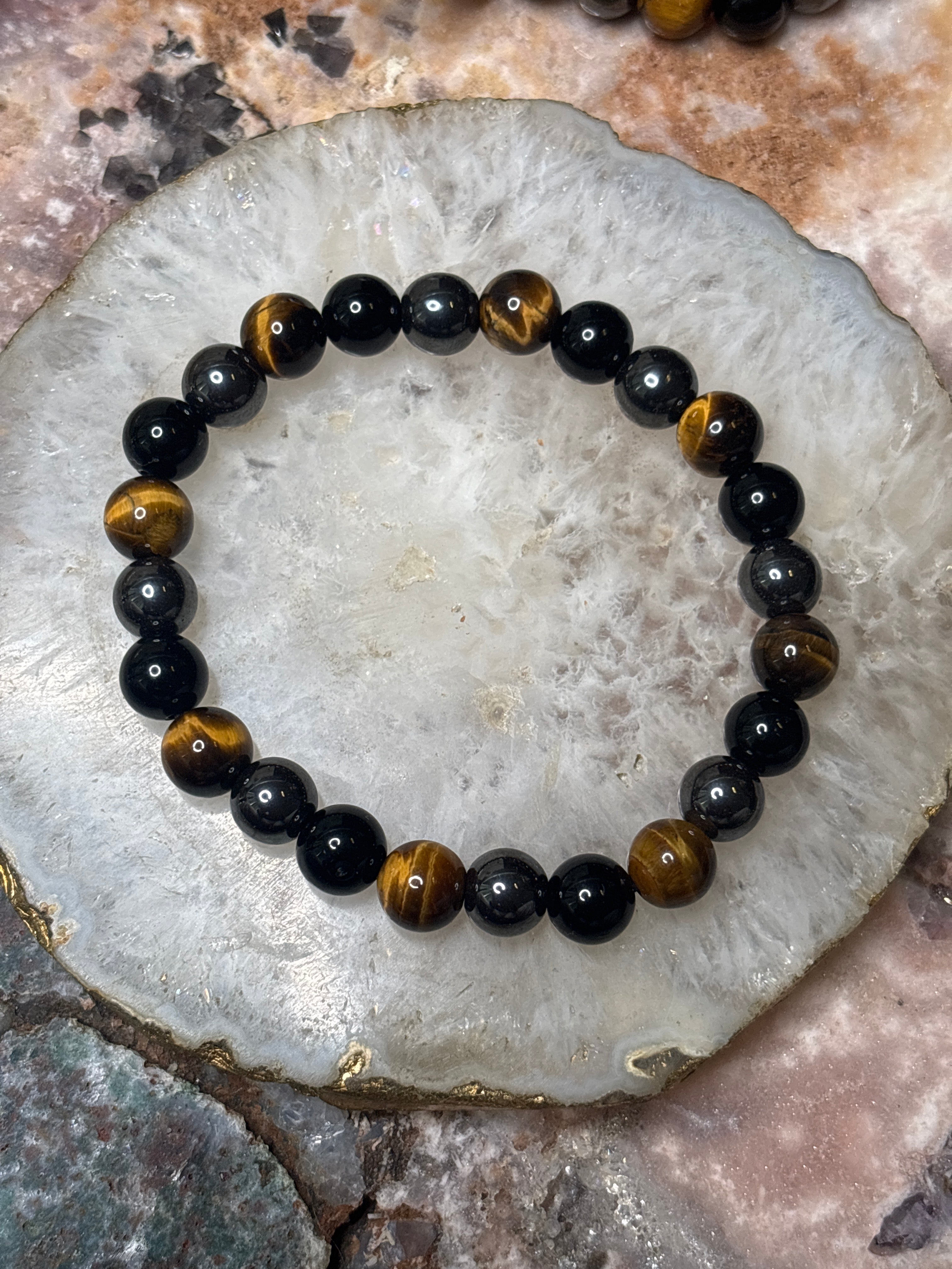 Tiger Eye, Hematite & Black Obsidian Bracelet